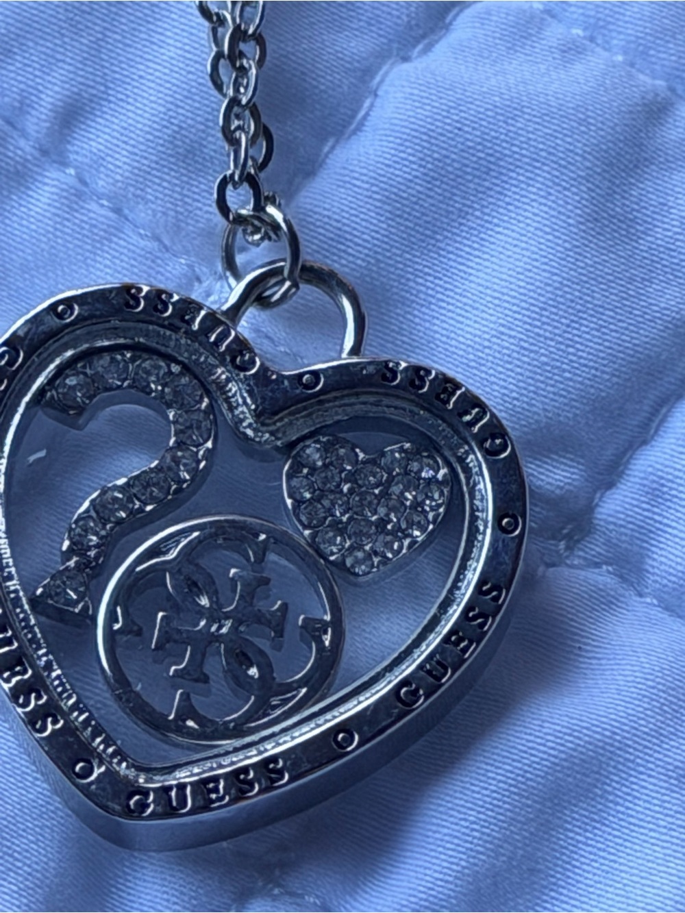 GUESS Silver-Tone Heart Charm Locket Necklace with Crystal Accents